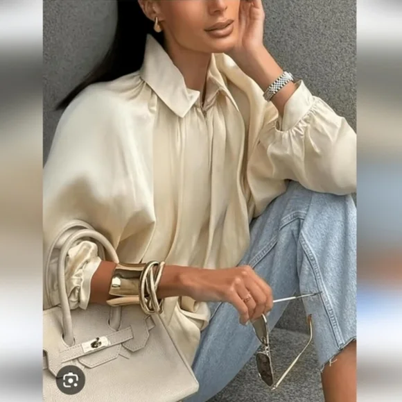 ZARA NWT Satin Bomber Jacket Puffed ZW Collection Cream Size M - Picture 12 of 16